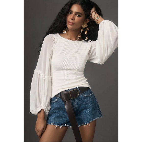 Anthropologie Balloon Puff Long Sleeve Smocked Top in White - Picture 1 of 10